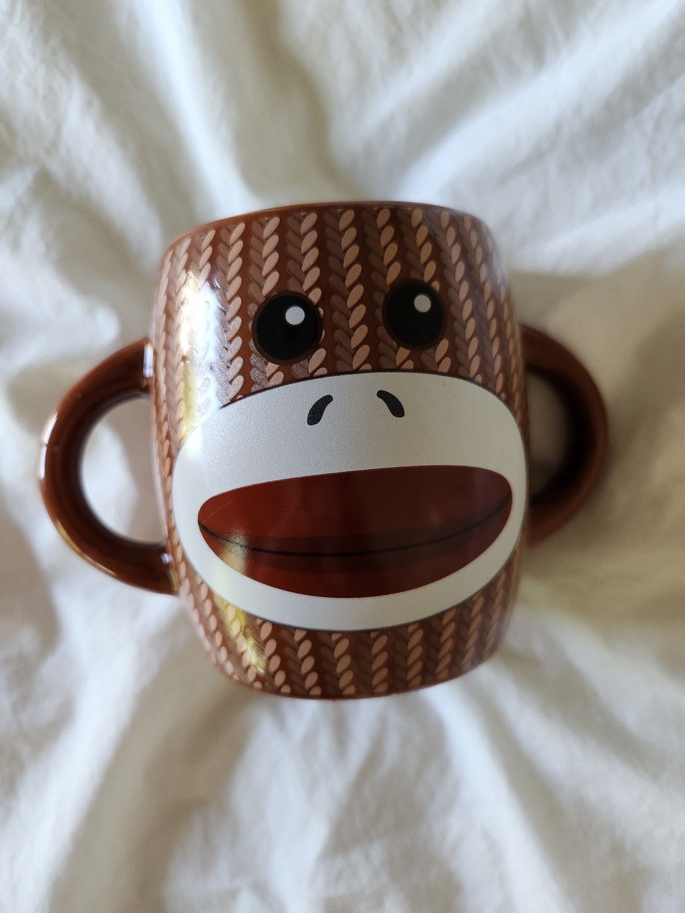 Vintage Brown Sock Monkey Double Handle Ceramic Coffee Tea Hot Cocoa Mug Cup